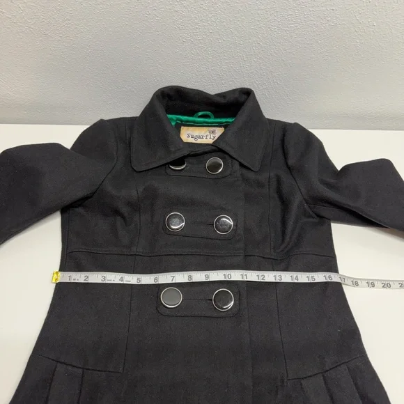 Sugarfly Girls Double-Breasted Flared Skirt Detail Black Wool Blend Peacoat Sz L - Picture 8 of 9